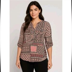 Cocomo Womens Geometric Print Tunic Shirt Blouse 3X Pink Black Roll Tab Sleeve